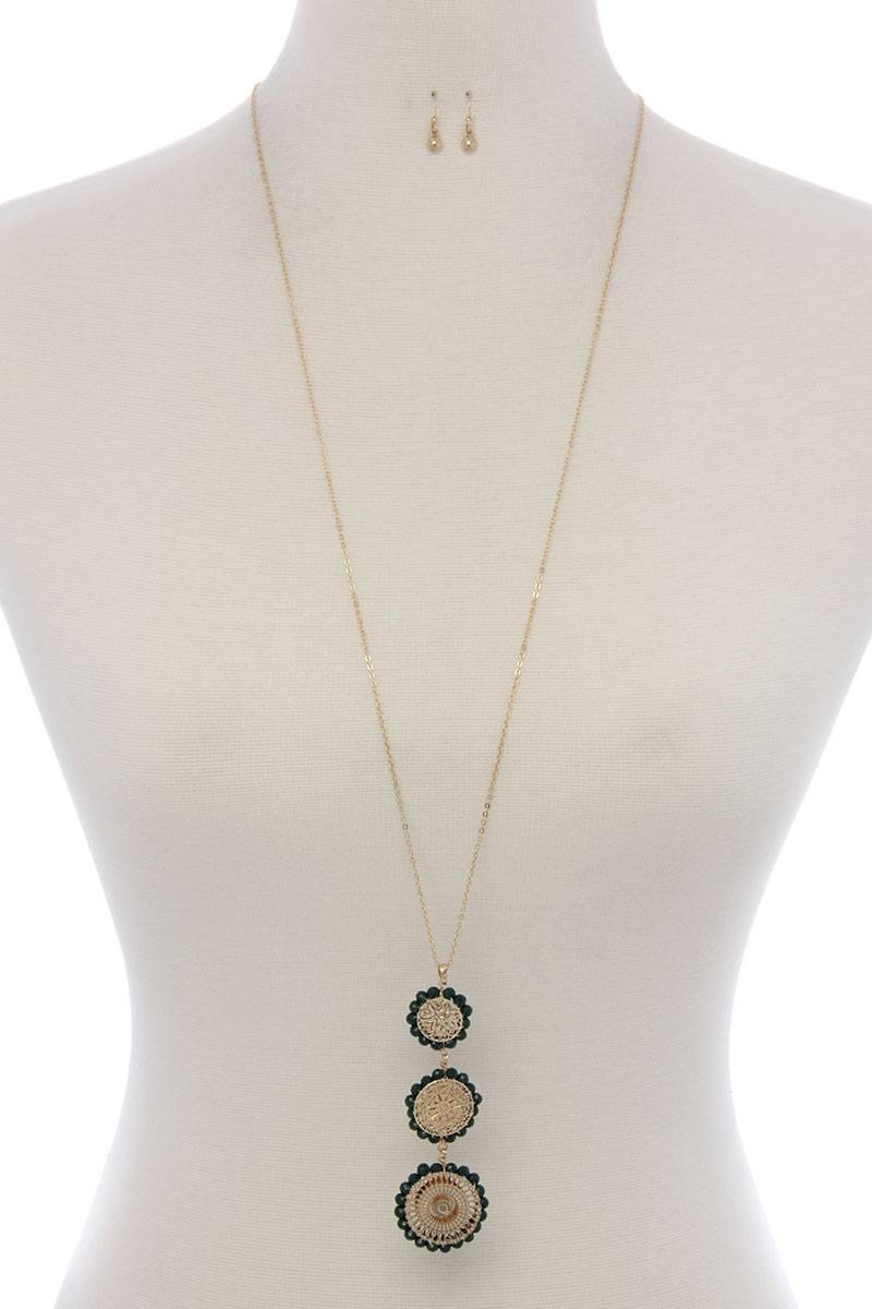 Round filigree beaded pendant long necklace - Pearlara