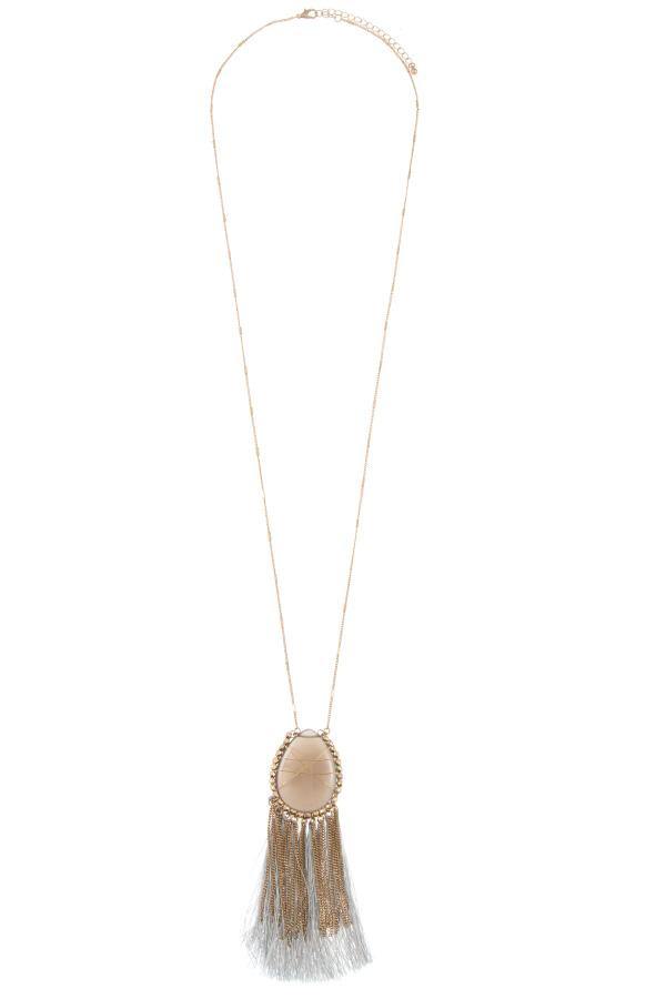 Elognated wrapped gem tassel pendant necklace - Pearlara
