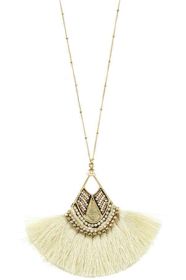 Mix jewel bead fringe tassel fan pendant long necklace - Pearlara
