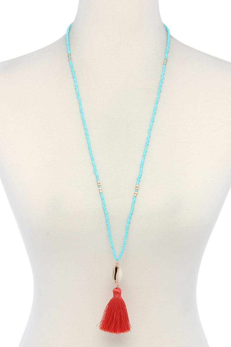 Cowrie Shell Tassel Beaded Necklace - Pearlara