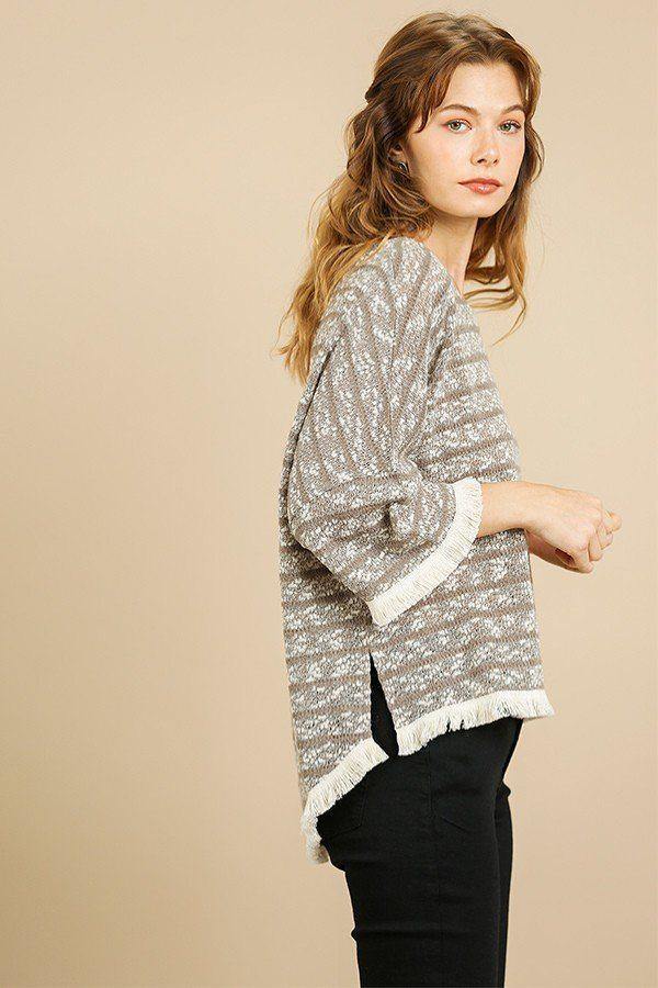 Heathered Striped Knit Bell Sleeve Round Neck Top - Pearlara