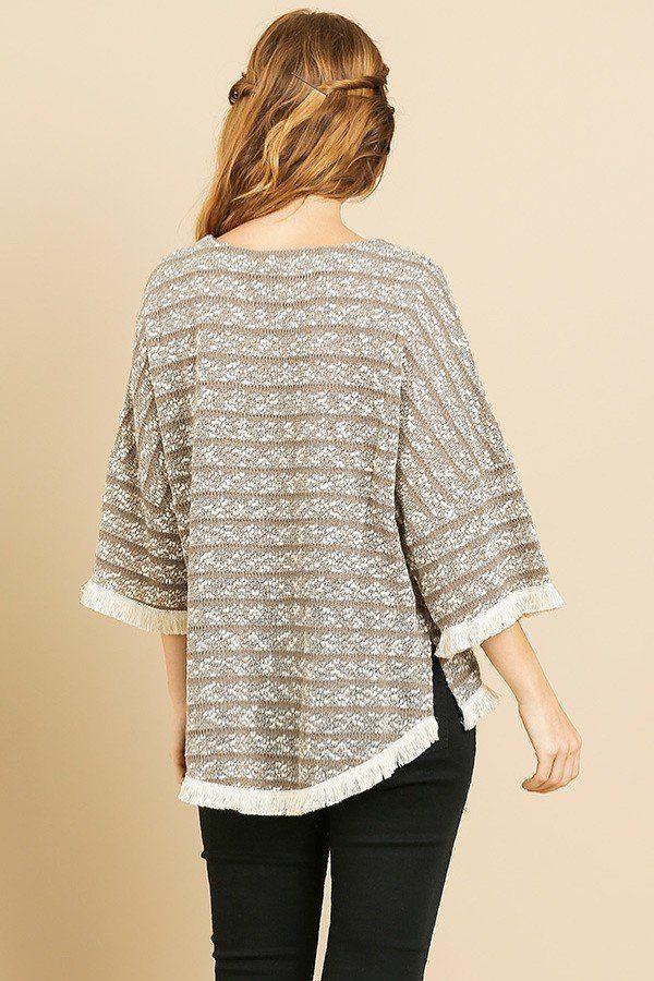 Heathered Striped Knit Bell Sleeve Round Neck Top - Pearlara