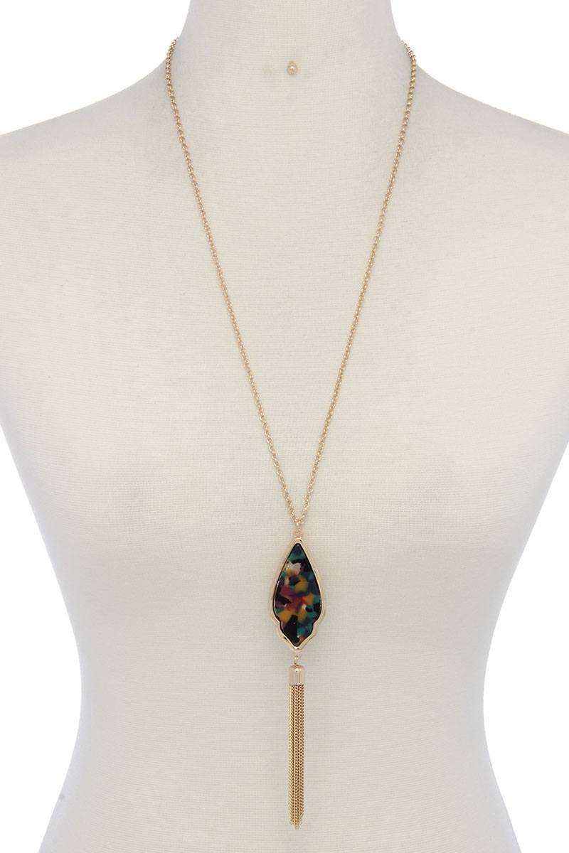 Acetate Moroccan Shape Chain Tassel Pendant Necklace - Pearlara