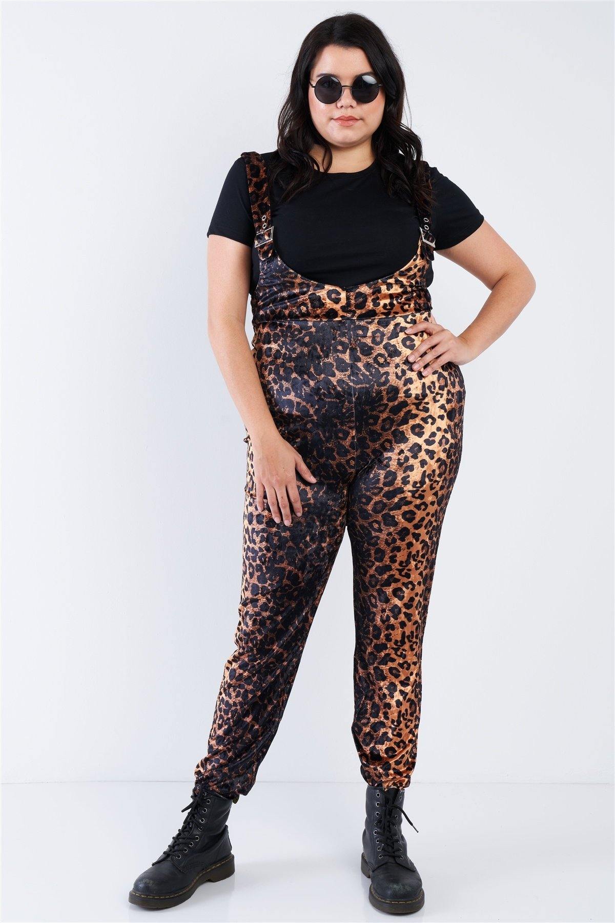 Plus Size Leopard Print High Waist Overall Jumpsuit - Pearlara