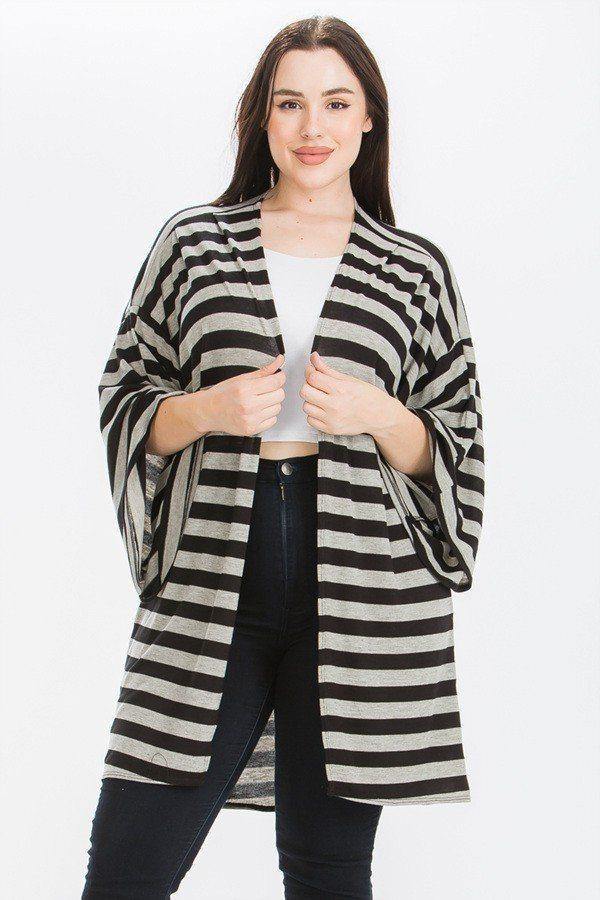 Striped, Cardigan With Kimono Style Sleeves - Pearlara