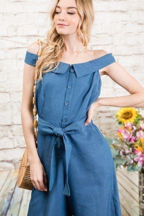 Fold-over Collar Detailed Button Down Off-shoulder Chambray Denim Wide Leg Palazzo Jumpsuit With Waist Tie - Pearlara