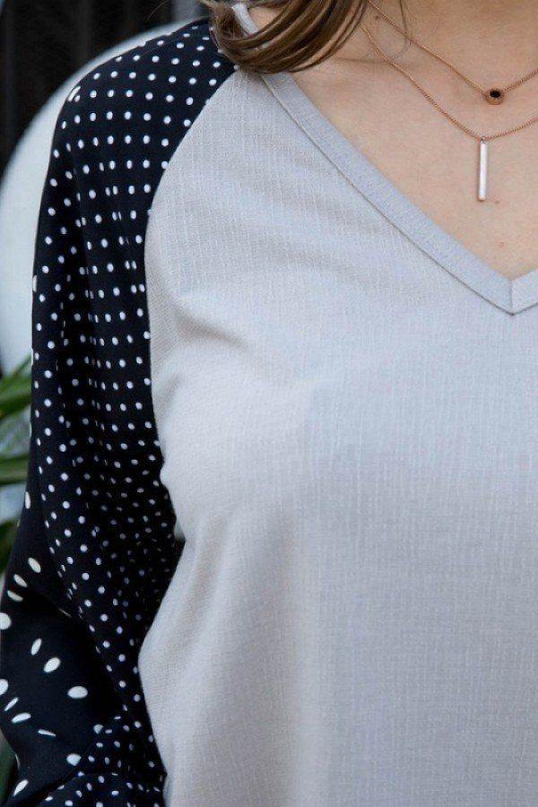 V Neck Contrast Woven Dot Print Long Sleeve Knit Top - Pearlara