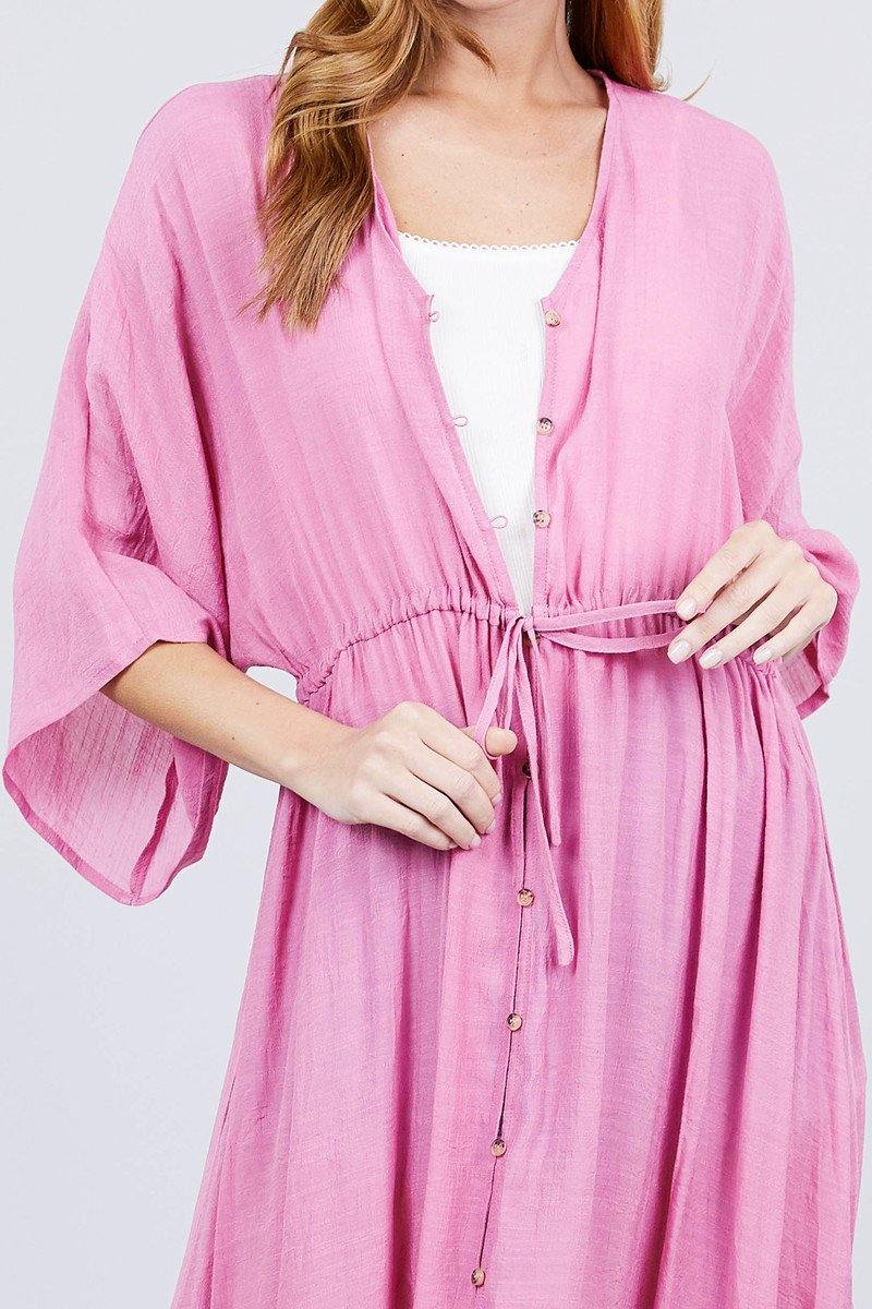 Elbow Sleeve Waist Ribbon Tie Button Down Long Woven Cardigan - Pearlara