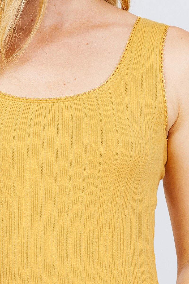 Sleeveless Double Scoop Neck Lace Trim Detail Pointelle Knit Top - Pearlara