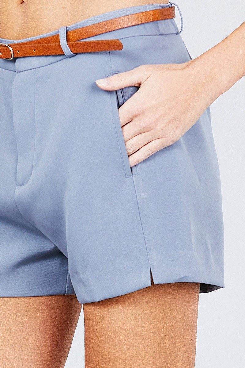 Front Slit Hem W/pocket And Belt Short Pants - Pearlara