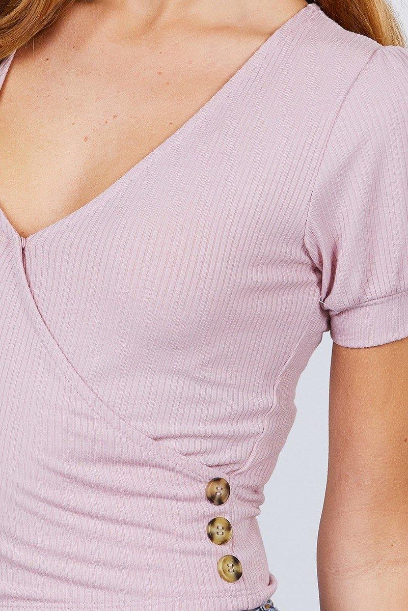 Short Puff Sleeve Surplice Neckline W/side Button Detail Rib Knit Top - Pearlara