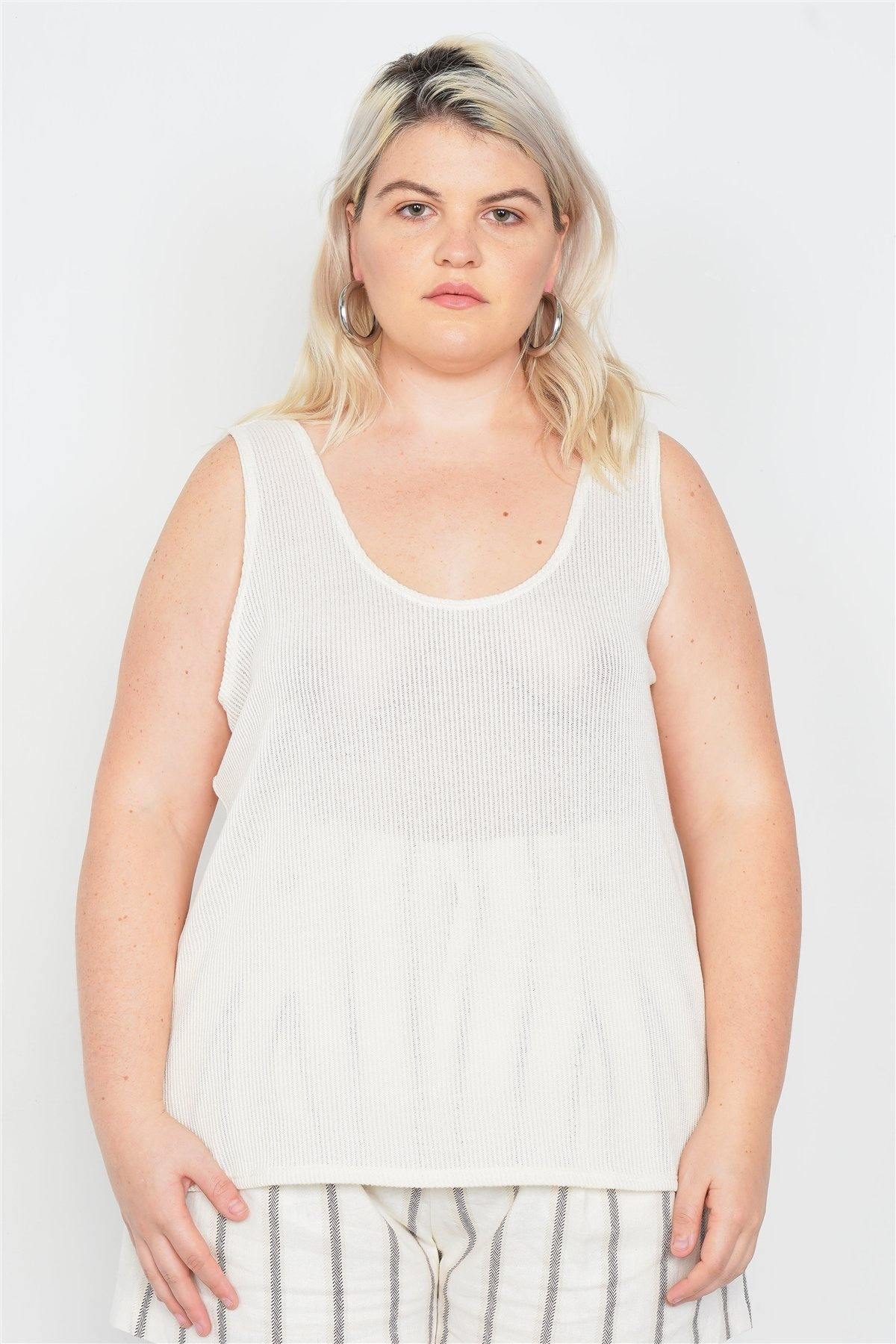 Plus Size Sheer Ivory Ribbed Causal Tank Top - Pearlara