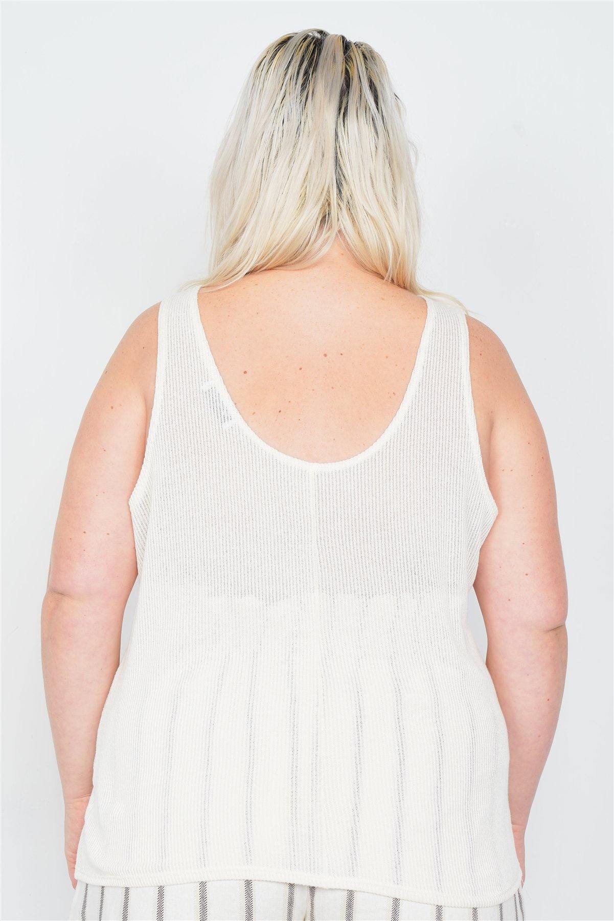 Plus Size Sheer Ivory Ribbed Causal Tank Top - Pearlara