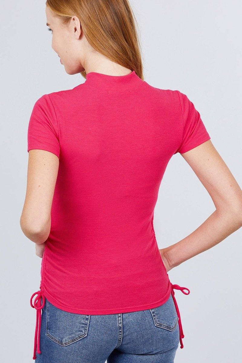Short Sleeve Mock Neck Side Shirring Detail Rib Knit Top - Pearlara