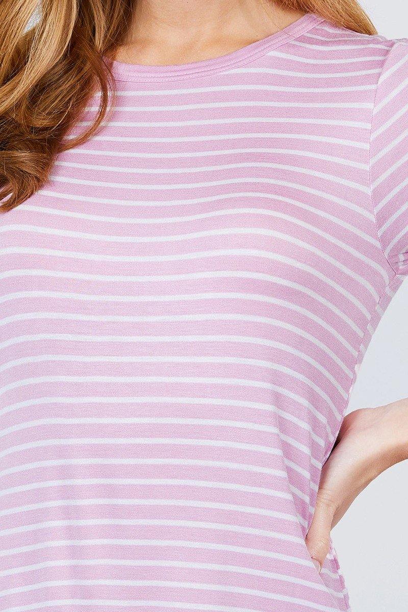 Short Sleeve Crew Neck Stripe Rayon Spandex Ringer Knit Top - Pearlara