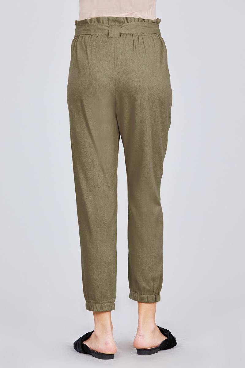 Paperbag W/bow Tie Elastic Hem Long Linen Pants - Pearlara