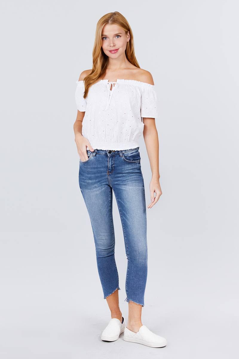 Short Sleeve Off The Shoulder Front Tie Detail Smocked Hem Eyelet Lace Woven Top - Pearlara