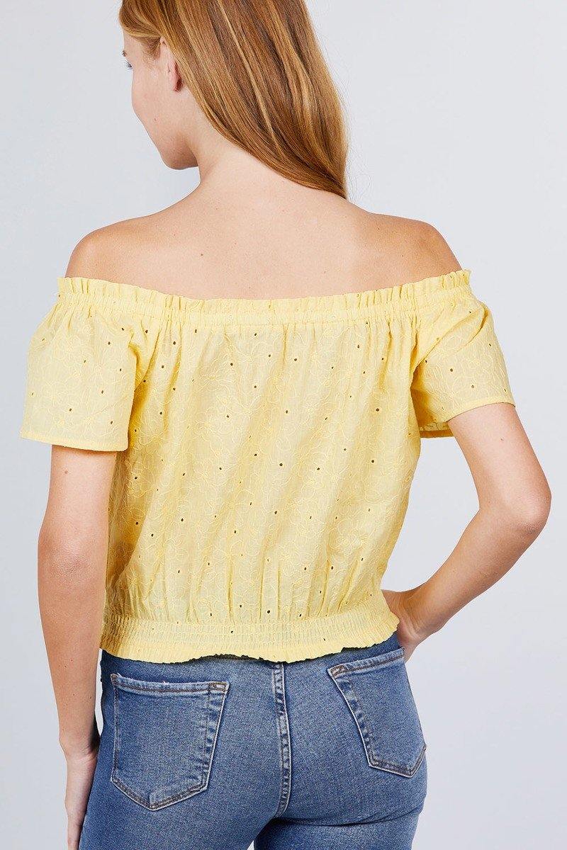 Short Sleeve Off The Shoulder Front Tie Detail Smocked Hem Eyelet Lace Woven Top - Pearlara