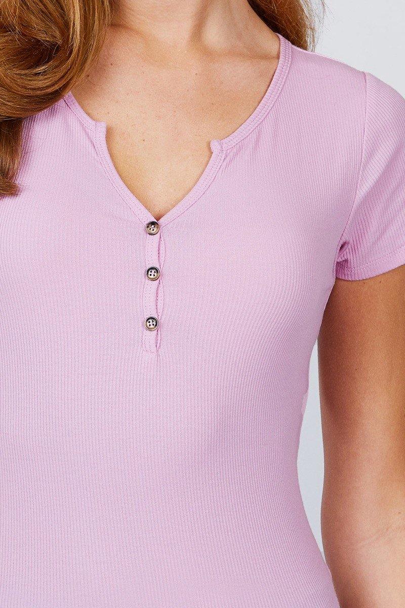 Short Sleeve W/button Detail Henley Neck Rib Knit Top - Pearlara