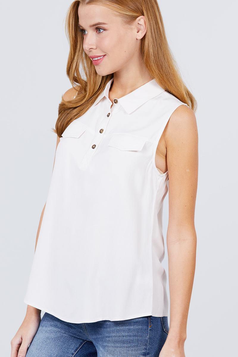 Sleeveless Front Flap Pocket Button Down Woven Shirts - Pearlara