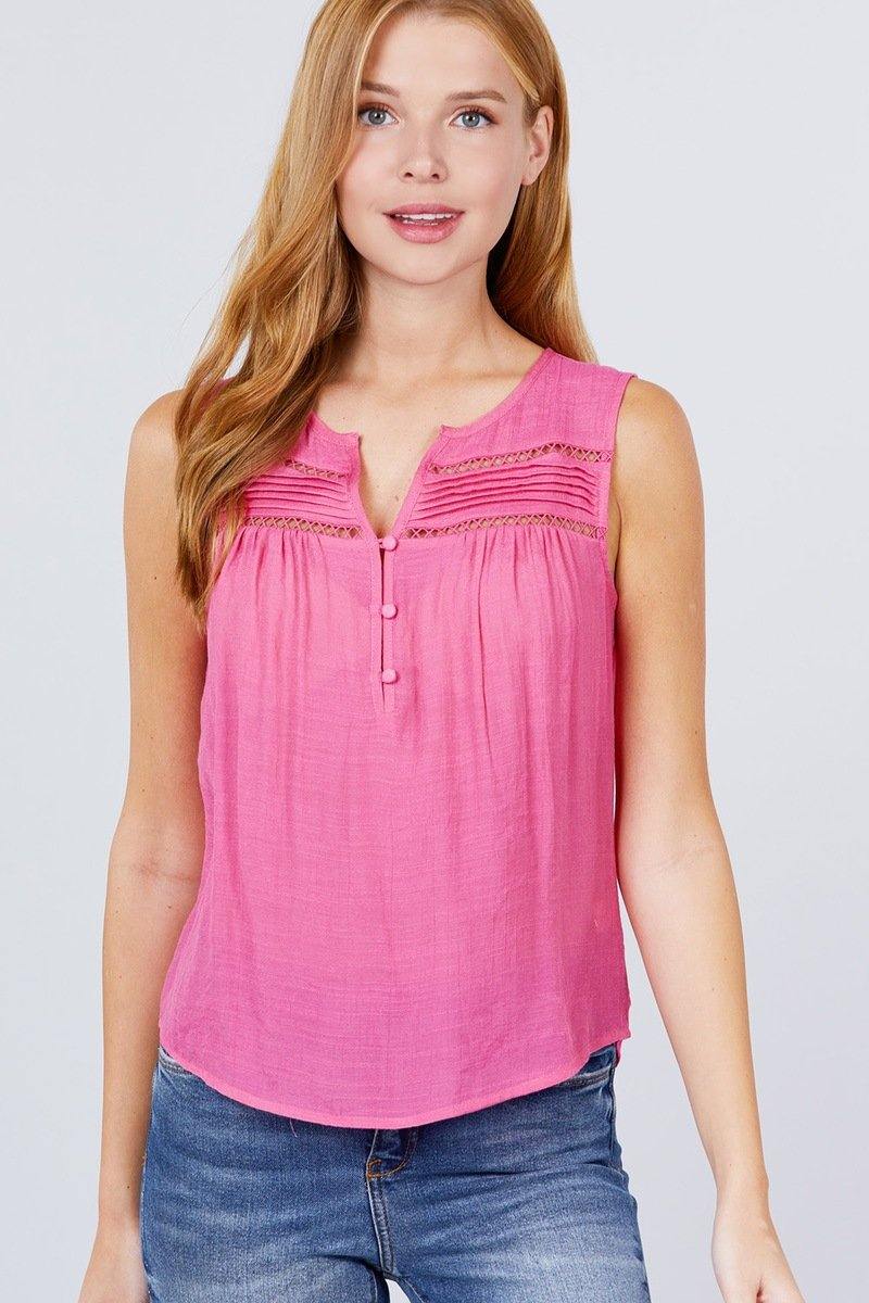 Sleeveless Front Pleats Detail W/button Woven Top - Pearlara