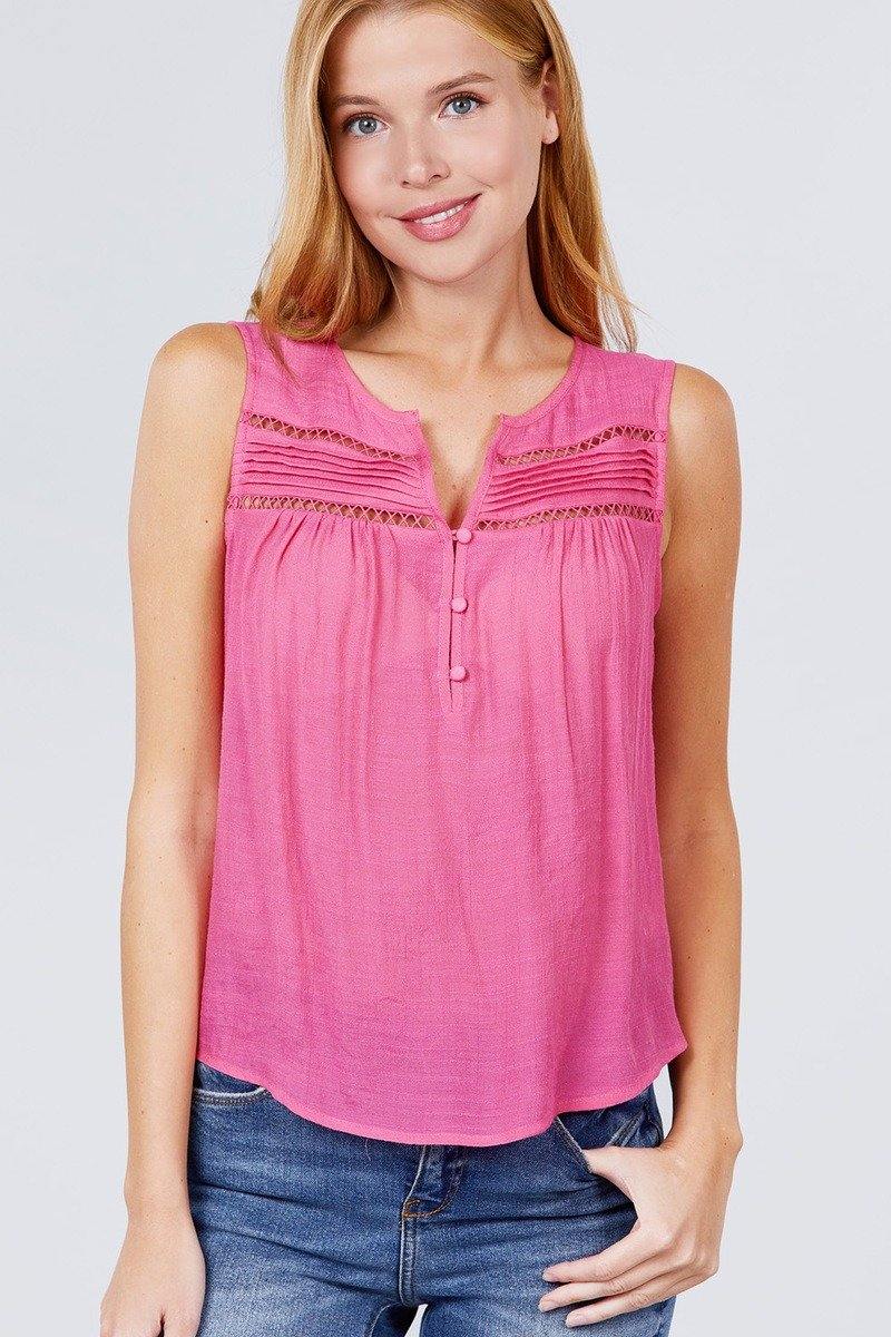 Sleeveless Front Pleats Detail W/button Woven Top - Pearlara