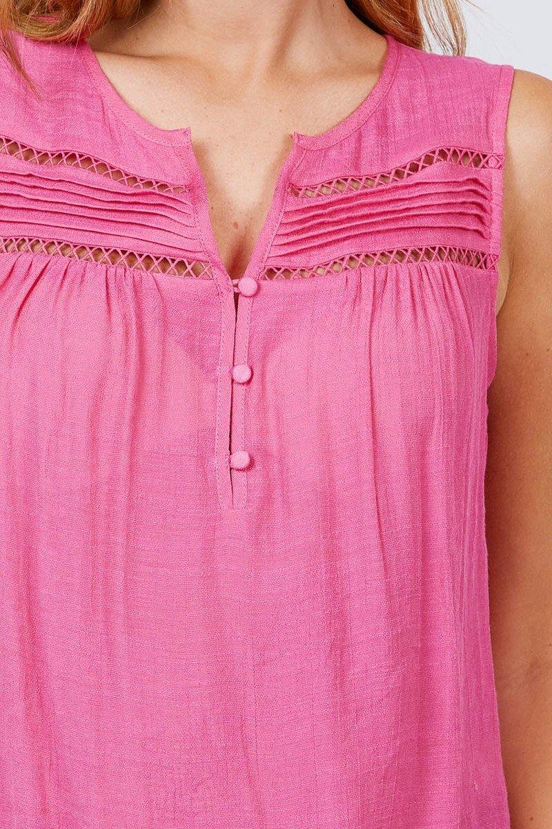 Sleeveless Front Pleats Detail W/button Woven Top - Pearlara