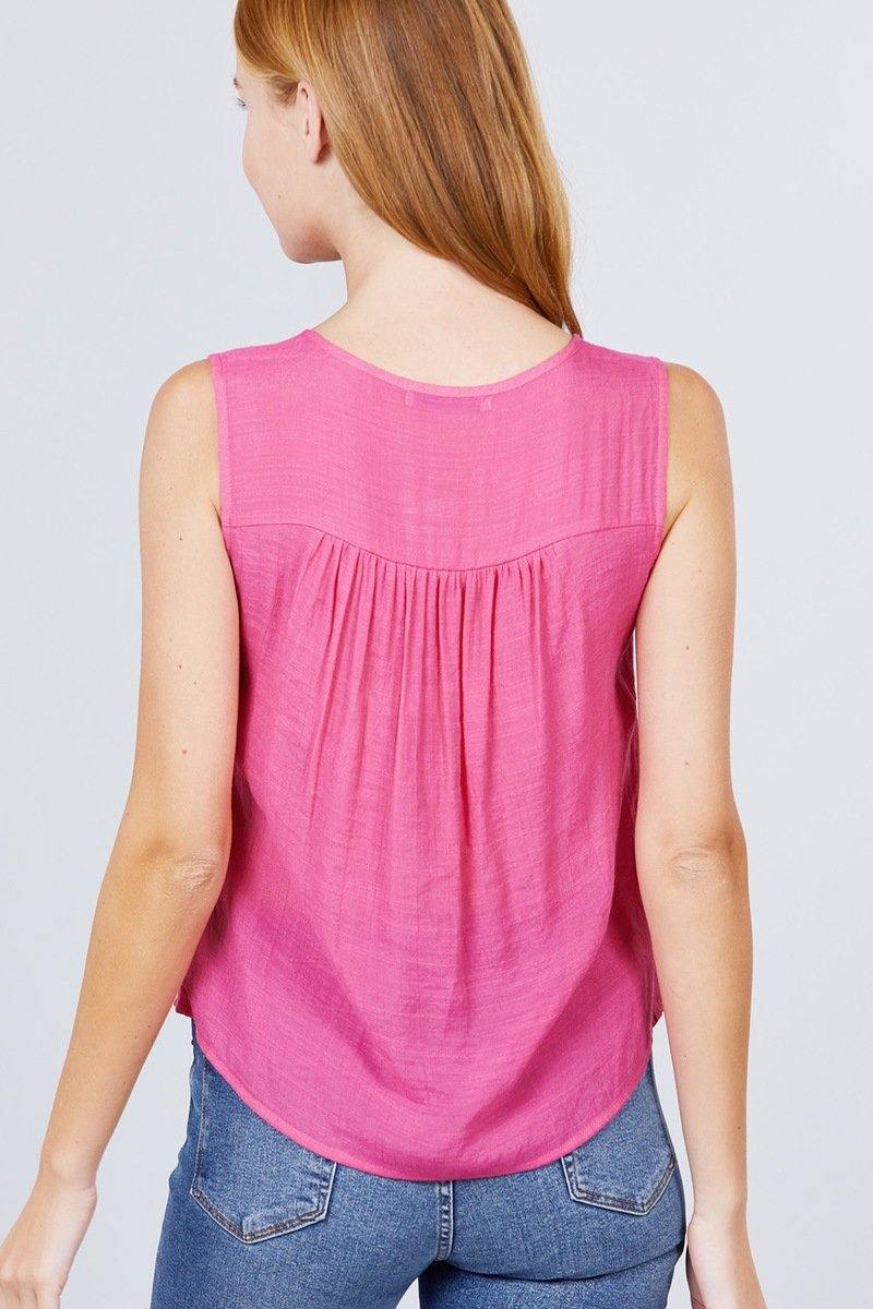 Sleeveless Front Pleats Detail W/button Woven Top - Pearlara