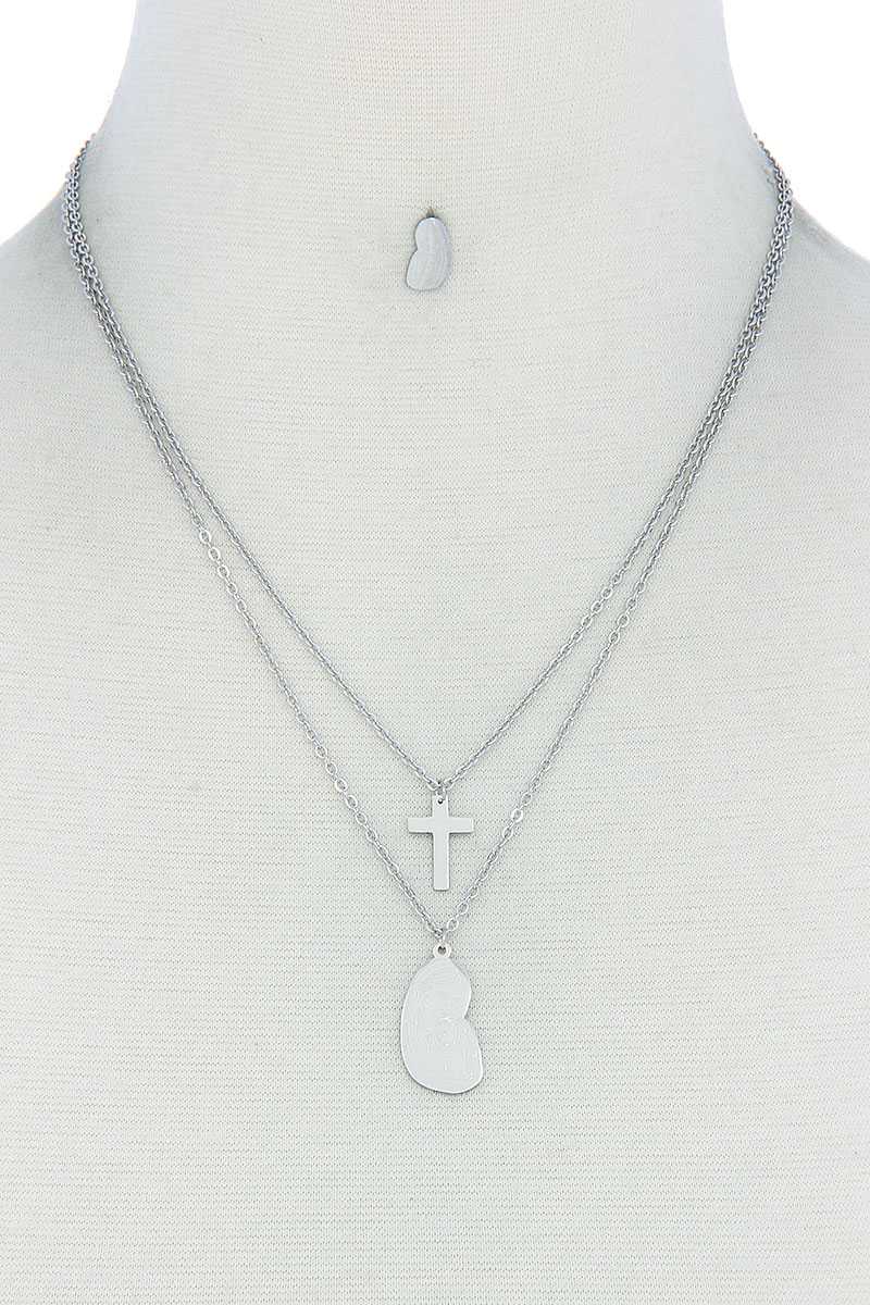 Stylish Double Layer Cross And Mary Necklace And Earring Set