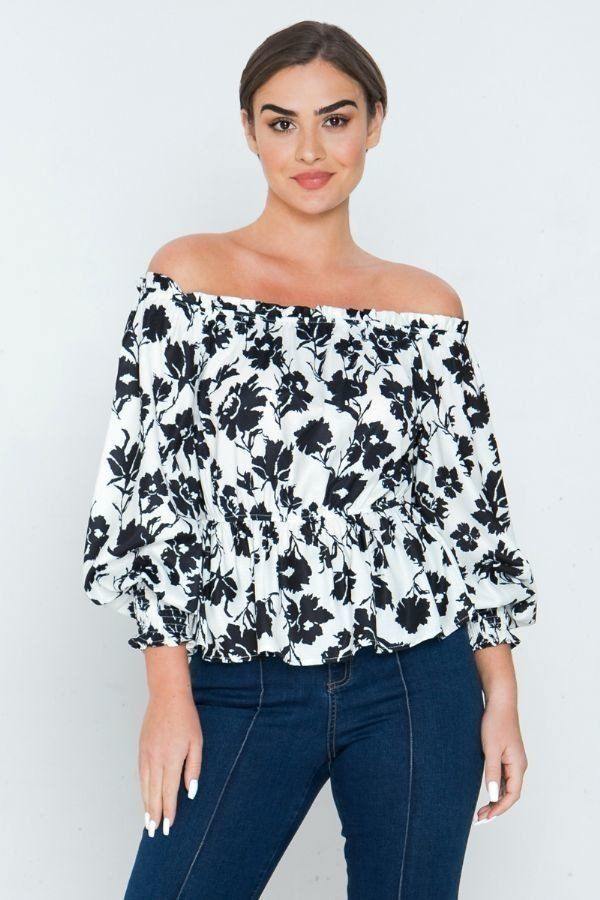 Long Sleeves Off Shoulder Neckline Printed Shirt - Pearlara