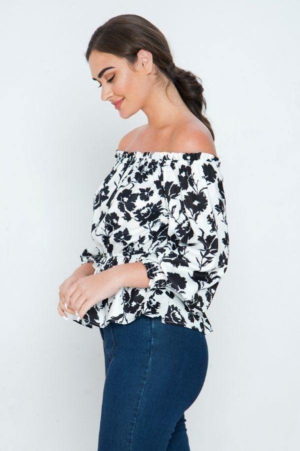 Long Sleeves Off Shoulder Neckline Printed Shirt - Pearlara