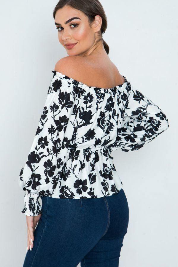 Long Sleeves Off Shoulder Neckline Printed Shirt - Pearlara