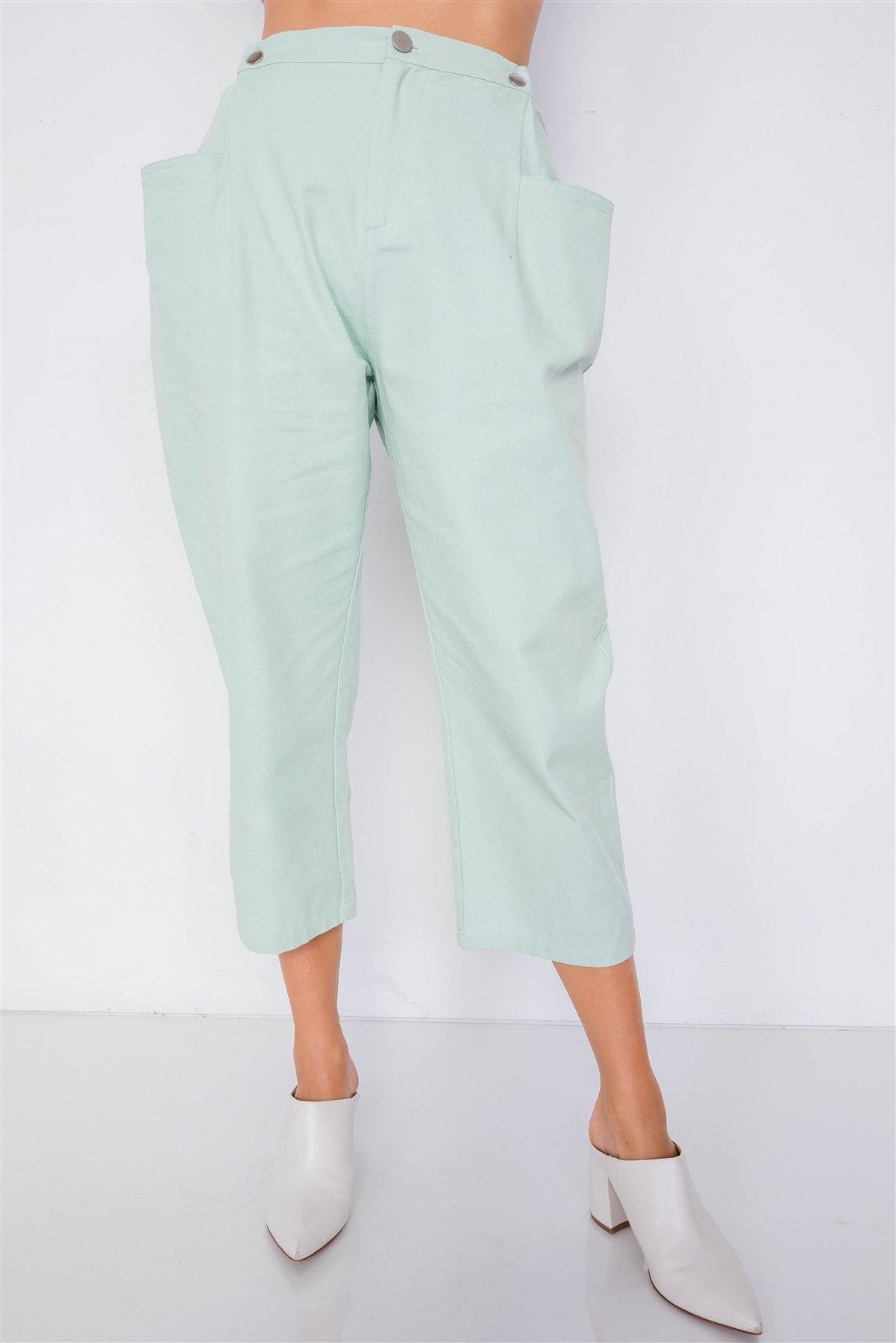 Pastel Chic Solid Ankle Wide Leg Adjustable Snap Waist Pants - Pearlara