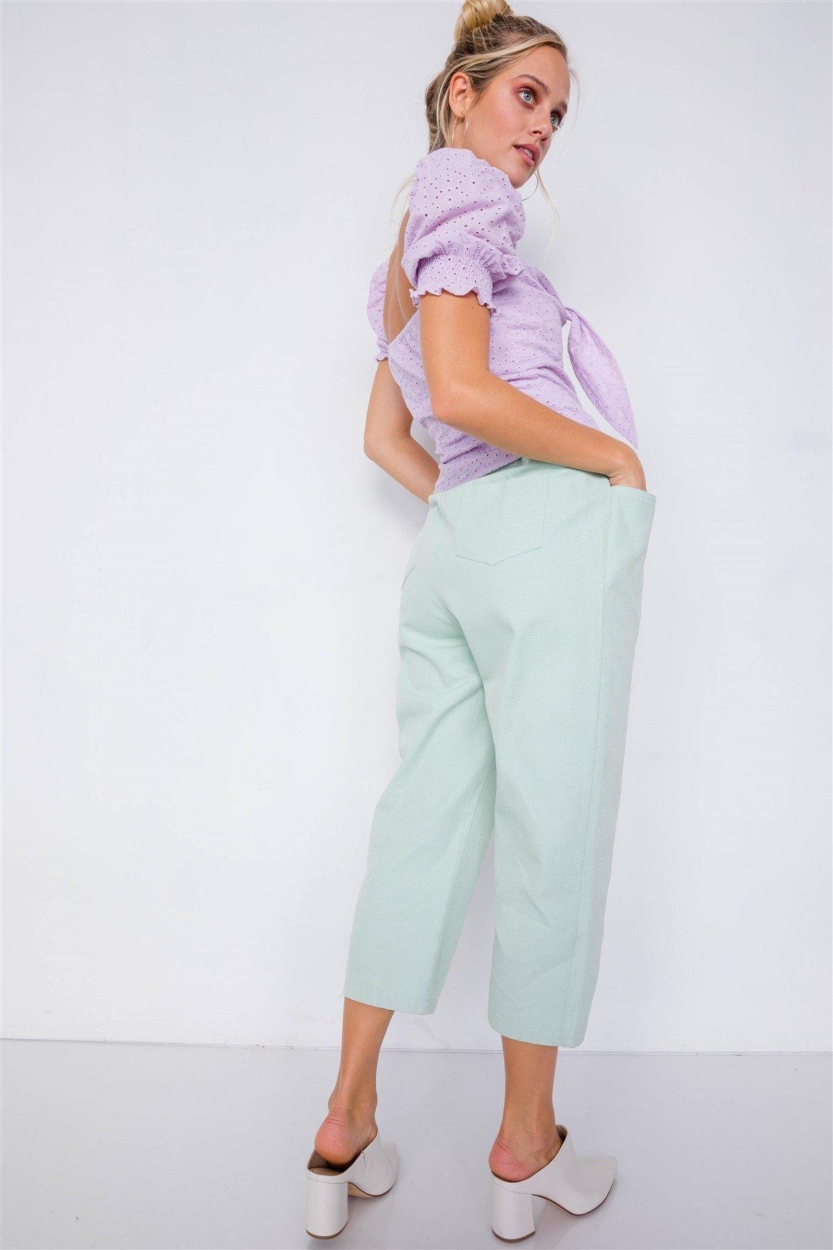 Pastel Chic Solid Ankle Wide Leg Adjustable Snap Waist Pants - Pearlara