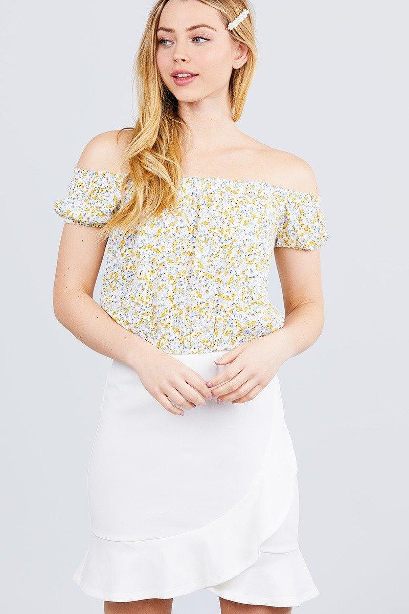 Short Sleeve Off The Shoulder W/shirring Detailed Printed Woven Crop Top - Pearlara