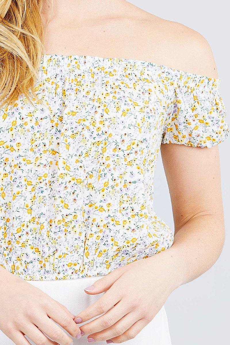 Short Sleeve Off The Shoulder W/shirring Detailed Printed Woven Crop Top - Pearlara