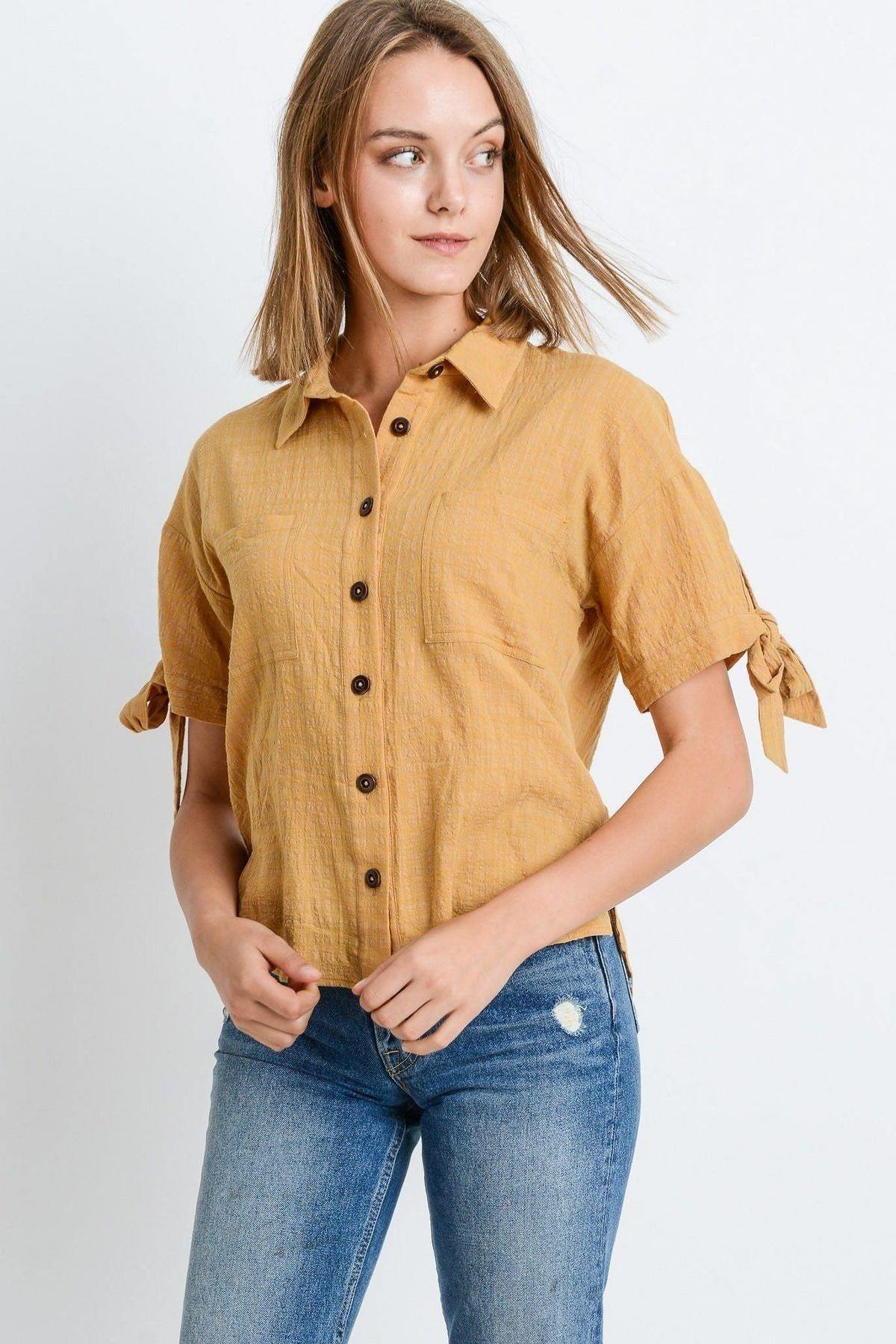 Short Sleeve Button Up Top With Tie Sleeve - Pearlara