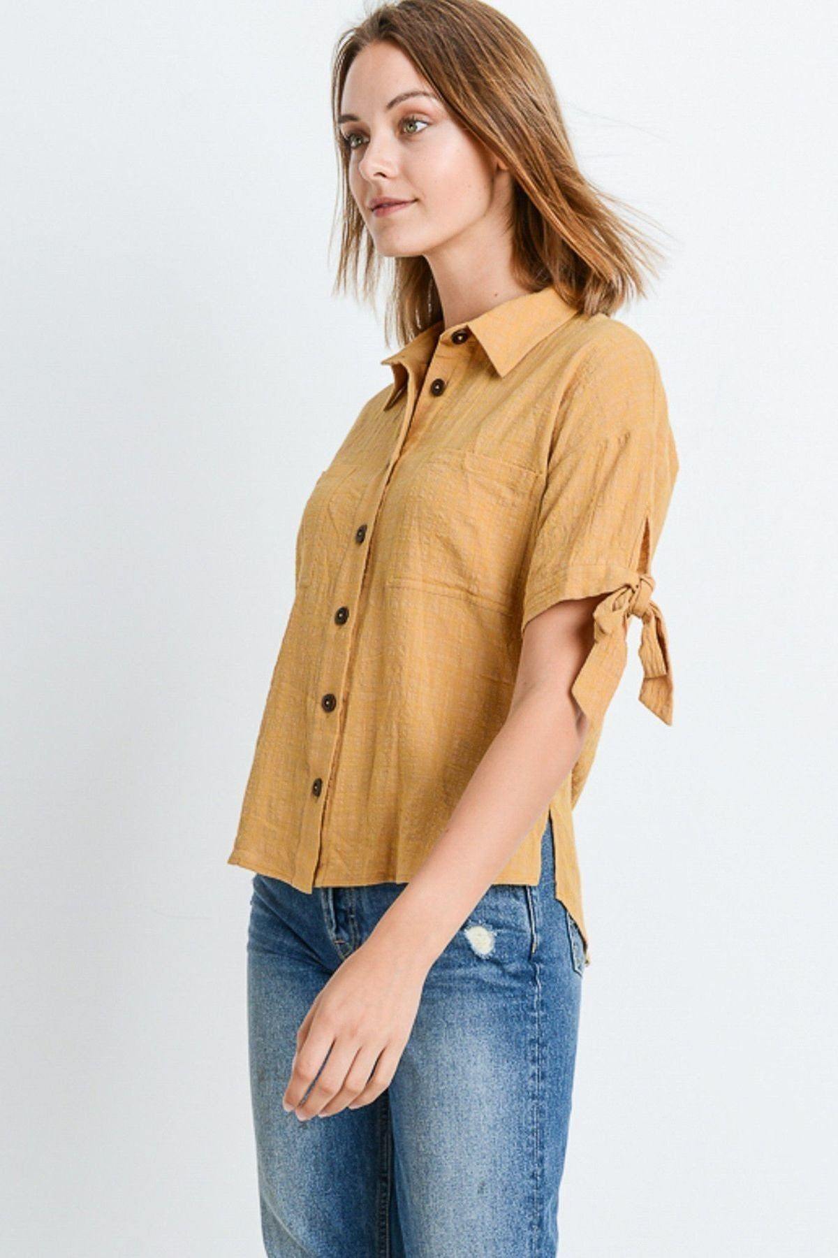 Short Sleeve Button Up Top With Tie Sleeve - Pearlara
