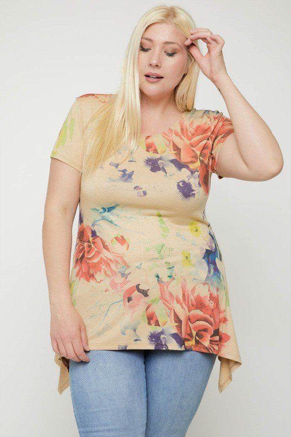 Multi-colored Watercolor Flower Print Tunic - Pearlara