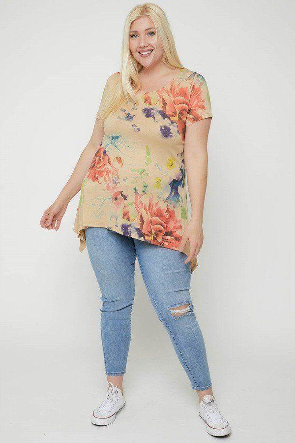 Multi-colored Watercolor Flower Print Tunic - Pearlara