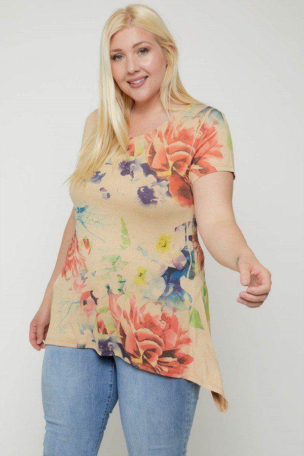 Multi-colored Watercolor Flower Print Tunic - Pearlara