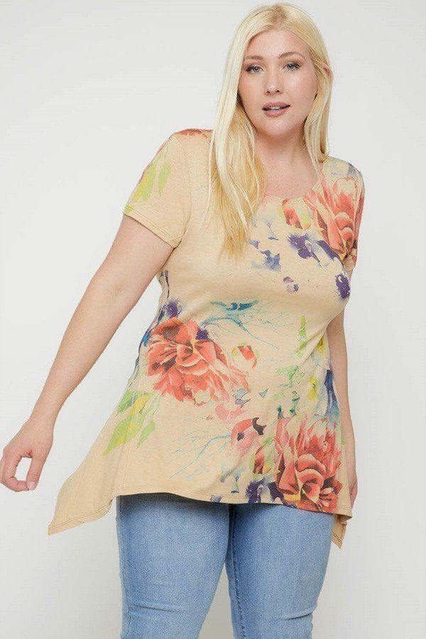 Multi-colored Watercolor Flower Print Tunic - Pearlara