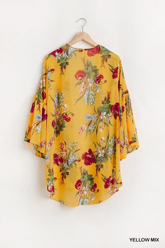 Floral Print Open Front Kimono With Flowy Sleeves - Pearlara