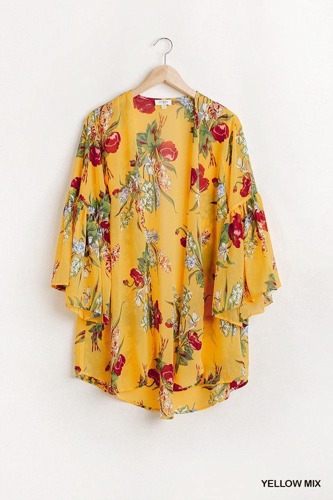 Floral Print Open Front Kimono With Flowy Sleeves - Pearlara