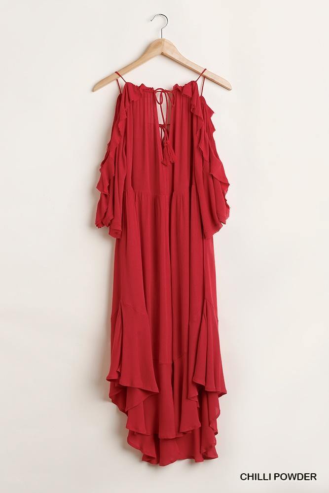 Ruffled Cold Shoulder Maxi Dress With Front Tassel Tie - Pearlara