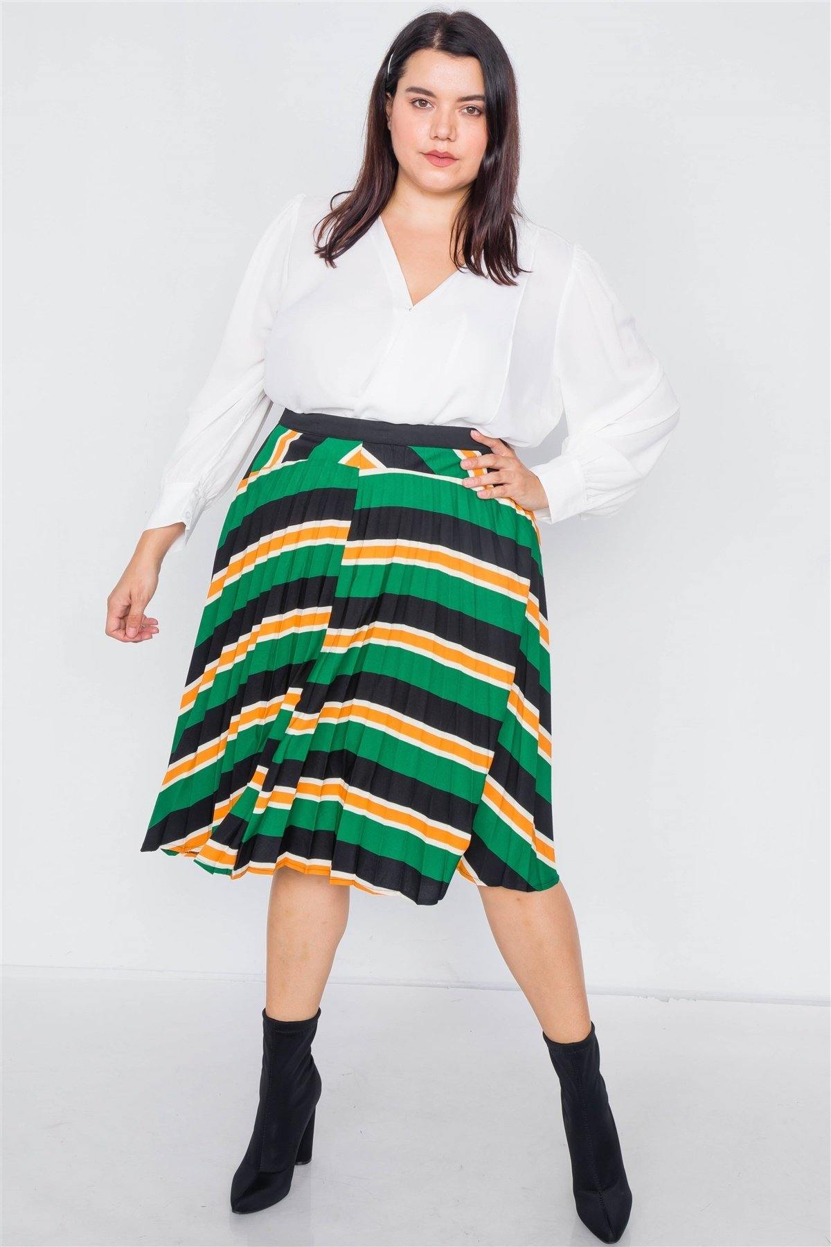 Plus Size Green Multi Stripe Pleated Midi Skirt - Pearlara