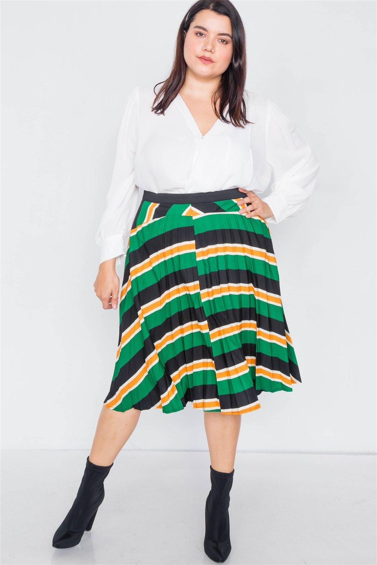 Plus Size Green Multi Stripe Pleated Midi Skirt - Pearlara