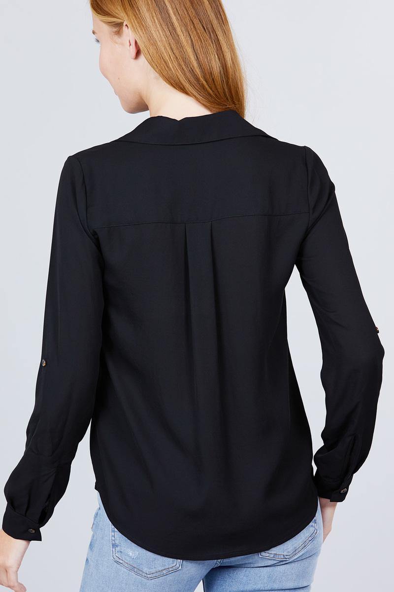 3/4 Roll Up Sleeve Pocket W/zipper Detail Woven Blouse - Pearlara