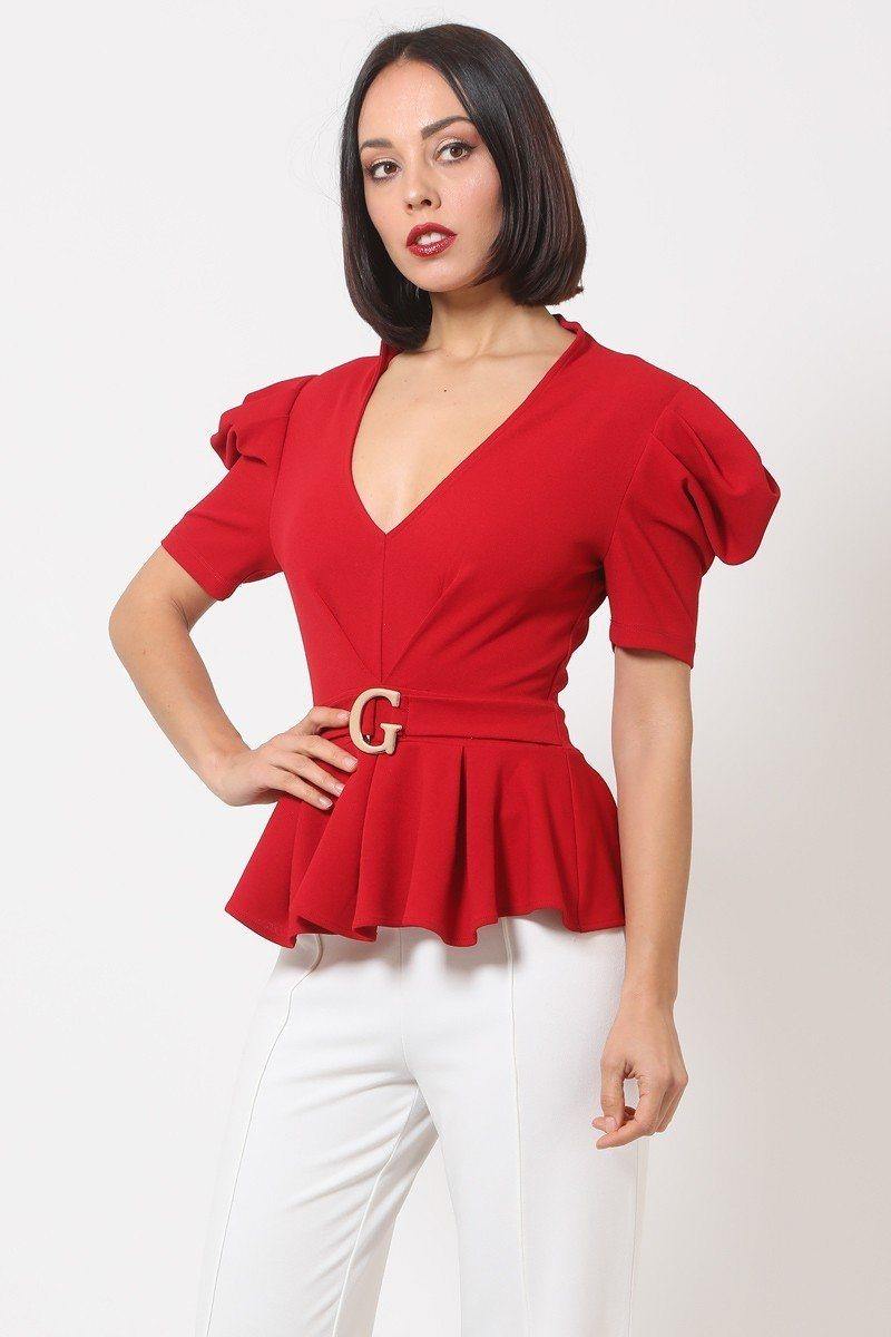 Draped Puff Shoulder Fashion Top With G Buckle Detail - Pearlara