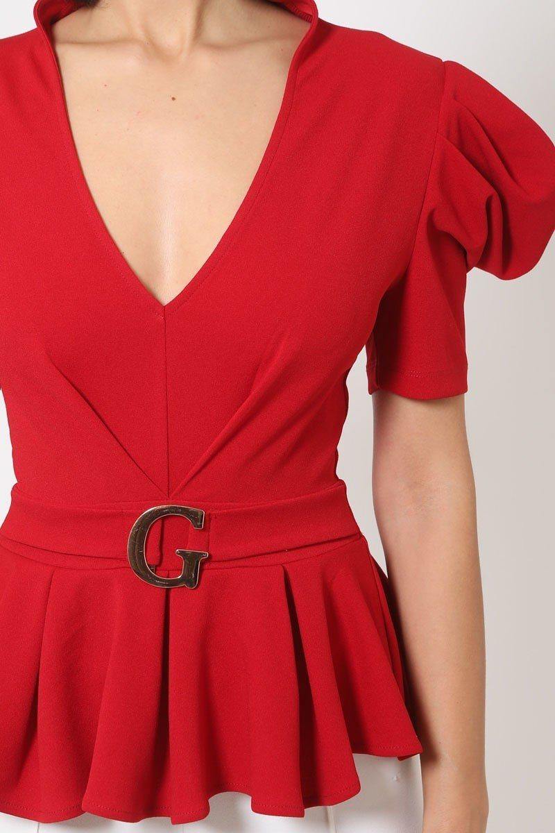 Draped Puff Shoulder Fashion Top With G Buckle Detail - Pearlara